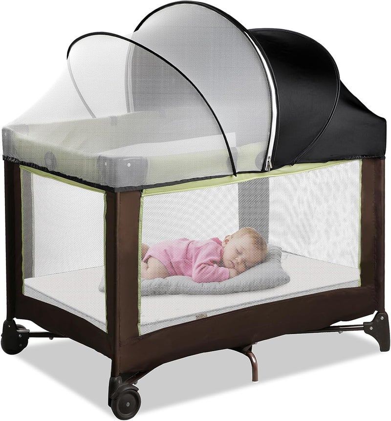 WANRU Pack N Play Tent Cover & Bassinet Canopy - Half-Blackout Breathable Mosquito Net with 2-Way Zipper for Bassinet, Travel Crib, Mini Crib & Playpen to Keep Cats Out (Black-Large) - Image 1